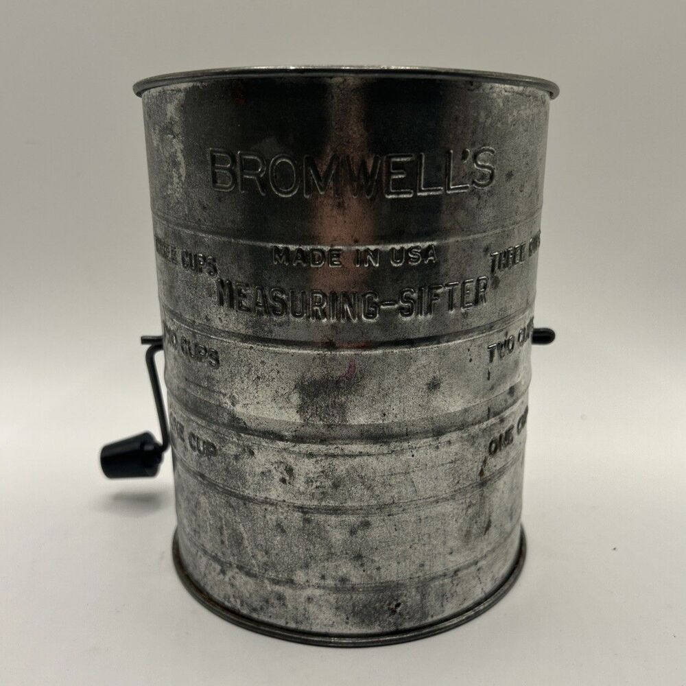 Vintage Bromwell’s 3 Cup Flour Sifter USA Tin Hand Crank Mid Century Farmhouse